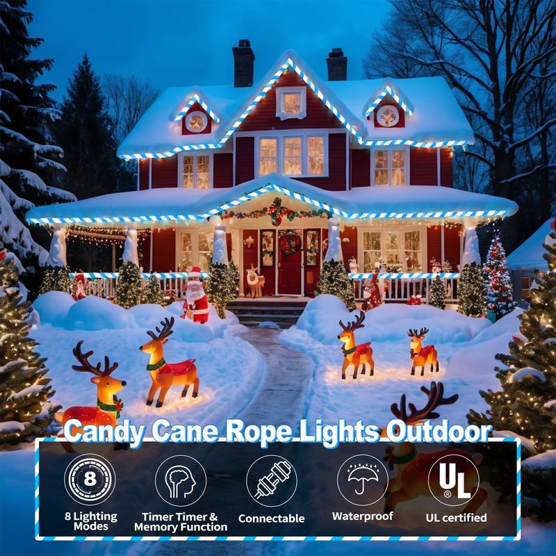 Jnaurb Christmas Candy Cane Lights, 66ft 480 LED Connectable Flexible White & Blue Candy Cane Rope Lights for Outside, 8 Modes Waterproof LED Christmas Light for Garden Patio Tree Holiday Party Decor