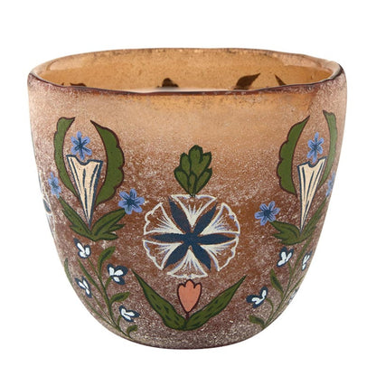 47th & Main Scented Candles Hand-Painted Floral Orange Glass Candle, 4" Dia x 3.5" H, Fresh Balsam & Cedarwood