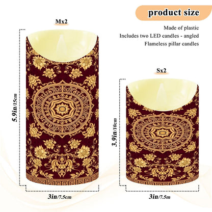 Gravopti Gold Floral Mandala 2 Pack Flameless LED Pillar Candles with Remote & Timer, Battery Operated, Flickering Wax Candle for Wedding, Romantic Home & Party Decor