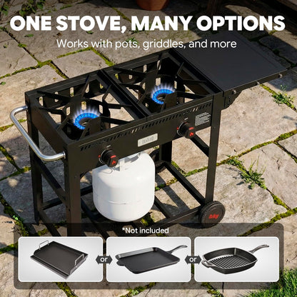 FEASTO Outdoor Propane Deep Fryer with Movable Cart, 2-Burner Stove with 100,000 BTU Total, 2 x 18QT Aluminum Pots, 1 x 18QT Basket & 2 x 9QT Frying Baskets, Portable Fryer for Fish, Fries & Chicken