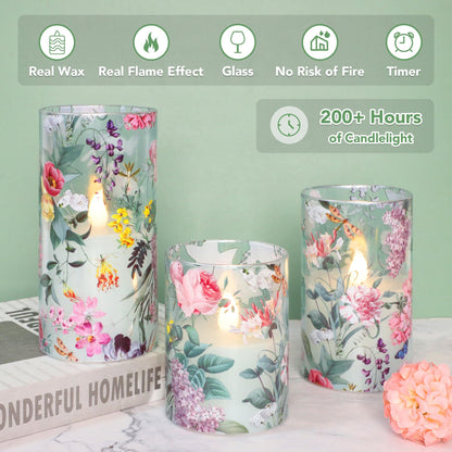 Silverstro Floral Flameless Candles with Remote Timer, Pink Rose and Lilac Pattern LED Glass Candles, Battery Operated for Home Party Wedding Christmas Spring Valentine's Day Decor, Set of 3