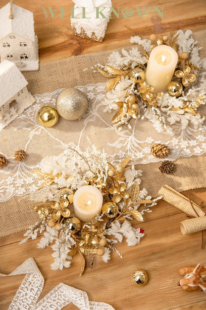 Skiennix 2 Pcs 9" Mini Golden White Floral Candle Rings - Elegant Home Decor for Pillars & Windows