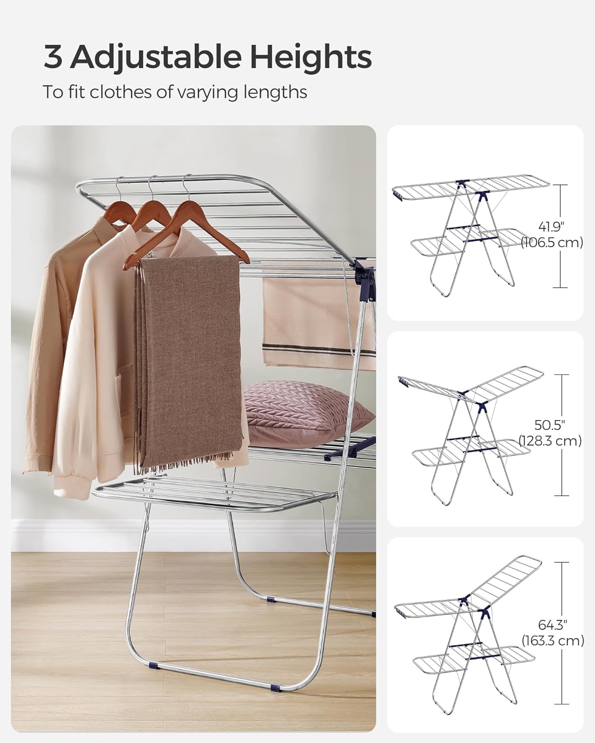 SONGMICS Foldable Clothes Drying Rack - 2-Level Laundry Airer with Adjustable Wings & 33 Rails | Silver & Blue