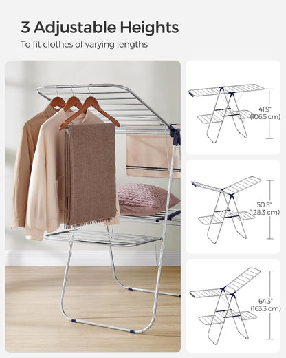 SONGMICS Foldable Clothes Drying Rack - 2-Level Laundry Airer with Adjustable Wings & 33 Rails | Silver & Blue