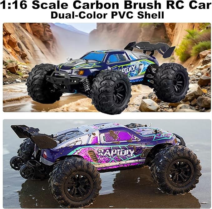 1:16 Scale RC Car for Adults 25+ MPH High Speed 4WD Waterproof Off-Road All-Terrain RC Truck with 2 Batteries &amp 2.4GHz Controller (1:16 Scale Carbon Brush)