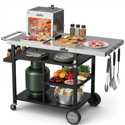 BIG HORN OUTDOORS Grill Cart, Stainless Steel Outdoor Grill Table for Infrared Grill, Pizza Oven Stand Compatible with Big Horn, Ninja, Ooni Pizza Ovens, Outdoor Cooking Table with Wheels & Storage