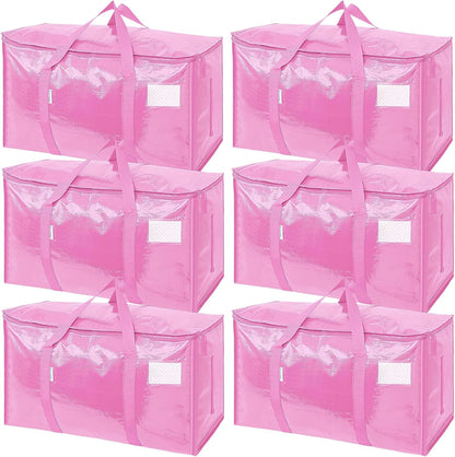 TICONN Extra Large Heavy-Duty Moving Bags - Durable Storage with Zippers & Handles | 6 Pack, Pink
