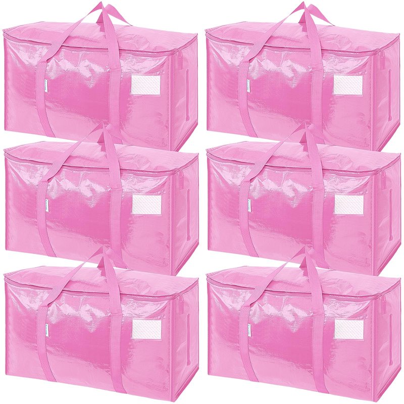 TICONN 6 Pack Extra Large Moving Bags Heavy Duty with Zippers & Carrying Handles, Durable Storage Bags Moving Boxes for Closet Organizers and Storage (6 Pack, Pink)