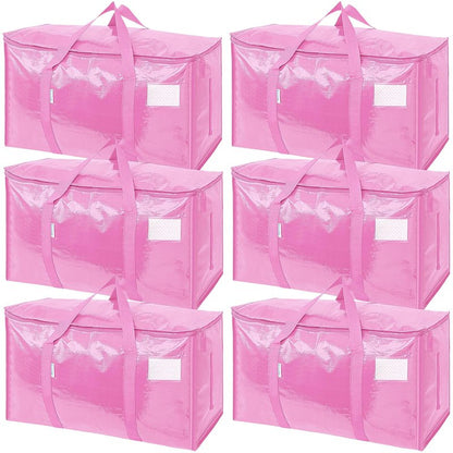 TICONN 6 Pack Extra Large Moving Bags Heavy Duty with Zippers & Carrying Handles, Durable Storage Bags Moving Boxes for Closet Organizers and Storage (6 Pack, Pink)