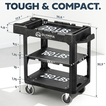 Olympia Tools Heavy Duty Utility Work Cart | 2 in 1 Convertible 3 Shelf to Flat Top Workstation | 660 lb Capacity, HDPE Frame, Ladder Hook, 4 Swivel Wheels | Tool Carts for Garage & Maintenance