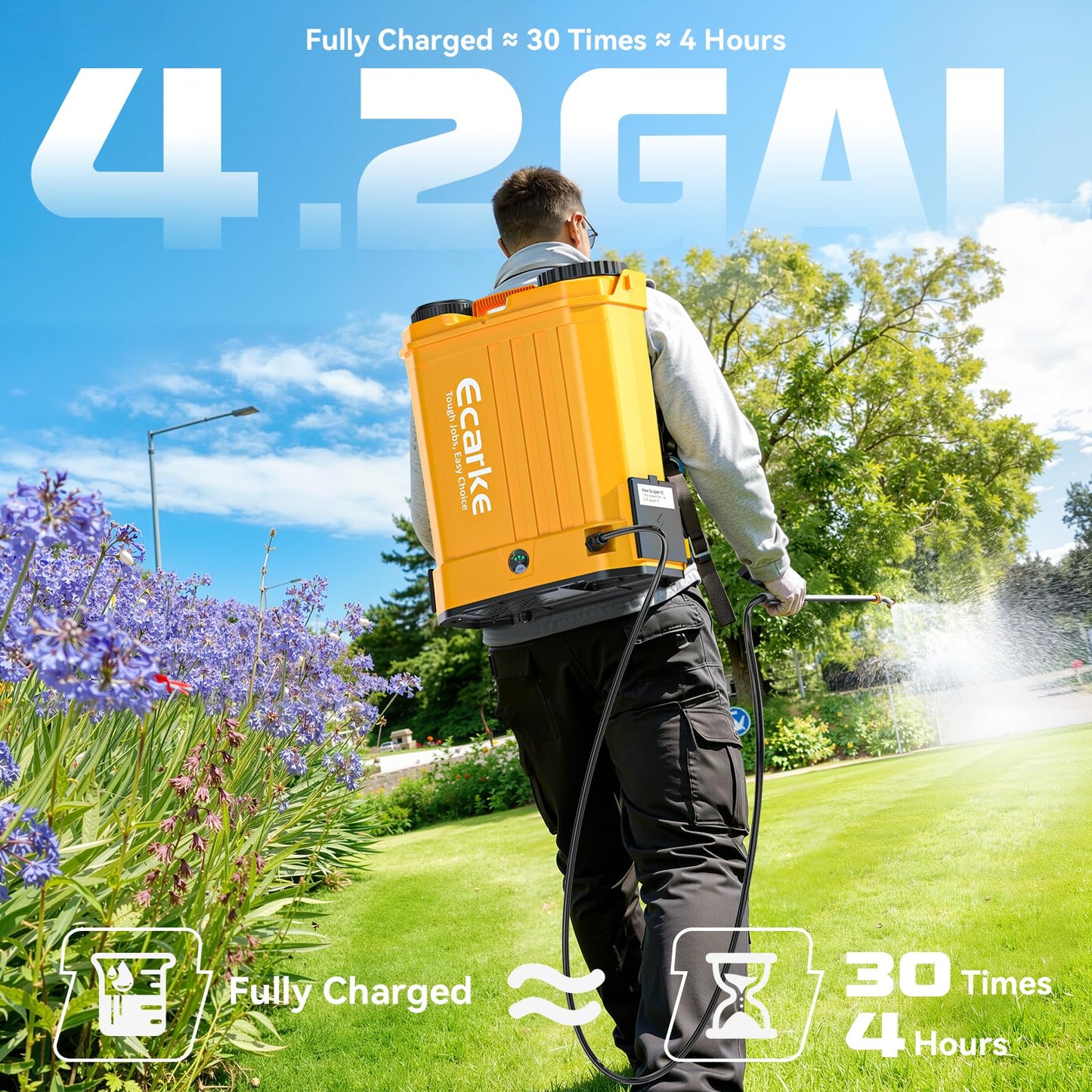 Battery Backpack Sprayer Compatible with Dewalt 20V Battery (Tool Only) 4.2 Gallon with Auto Mixer, 0–100PSI Adj, Leak-Proof Metal Telescopic Wand 42", 6 Nozzles, Ergonomic Strap Ecarke Garden Sprayer