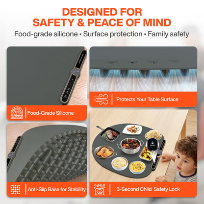 Round Food Warming Mat XXL 27.5''x27.5'' (Gray) - Electric Food Warming Tray with 9 Temp Levels - Silicone Food Warmers for Parties Buffet with Timer, Child Lock & Fast Heating