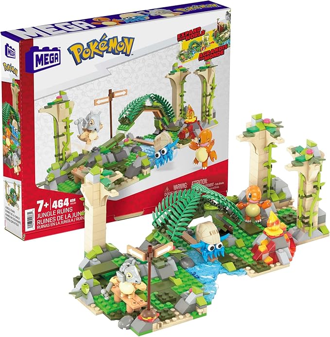 MEGA Pokemon Action Figure Building Toy Jungle Ruins with 464 Pieces Motion and 3 Characters Cubone Charmander Omanyte Gift Idea for Kids