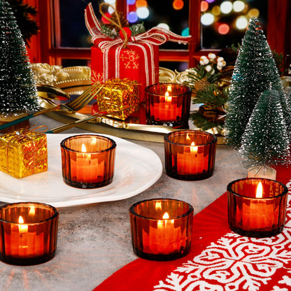 Mumufy 50 Pcs Glass Tealight Candle Holder Ribbed Votive Candle Holder for Centerpiece Wedding Proposal Spa Aromatherapy Meditation Home Decor (Amber)