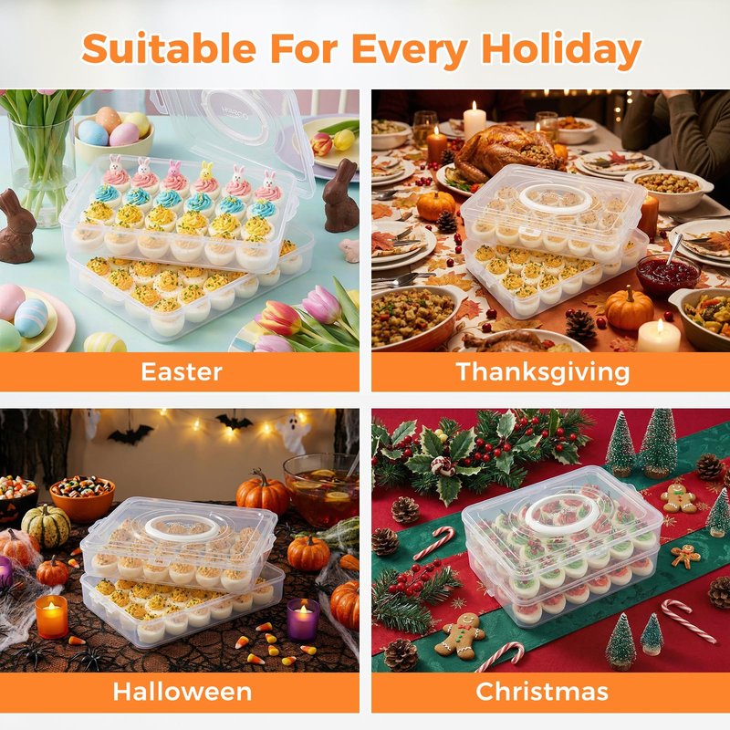 HANSGO 2 Pack Deviled Egg Containers with Lid, Portable Devil Egg Holder for 48 Eggs Clear Deviled Egg Carrier Tray for Home Party Kitchen Fridge Organizer