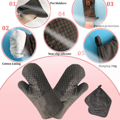 Skiennix Oven Mitts Set - 4 Pcs High Heat Resistant Kitchen Mitts & Pot Holders | Grey, Silicone Non-Slip