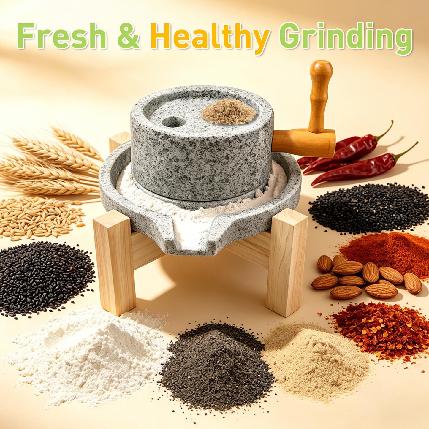 Natural Stone Grain Mill, Manual Granite stone grinder with Wooden Base & Heavy-Duty Handle, Stone Mill for Flour for Grain & Spice Grinding, stone flour mill grinder for Home Kitchen