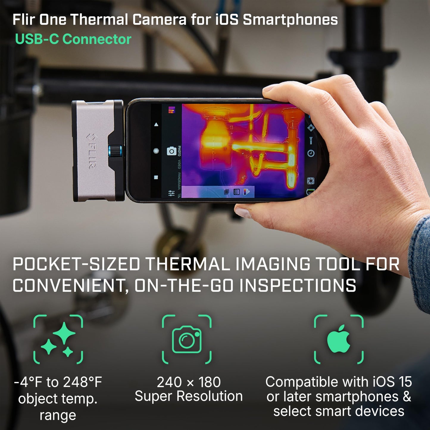 Flir One - Thermal Imaging Camera for iOS Smartphones (iPhone 15 and Newer w/USB-C), 240x180 Super Resolution (80x60 Native IR)