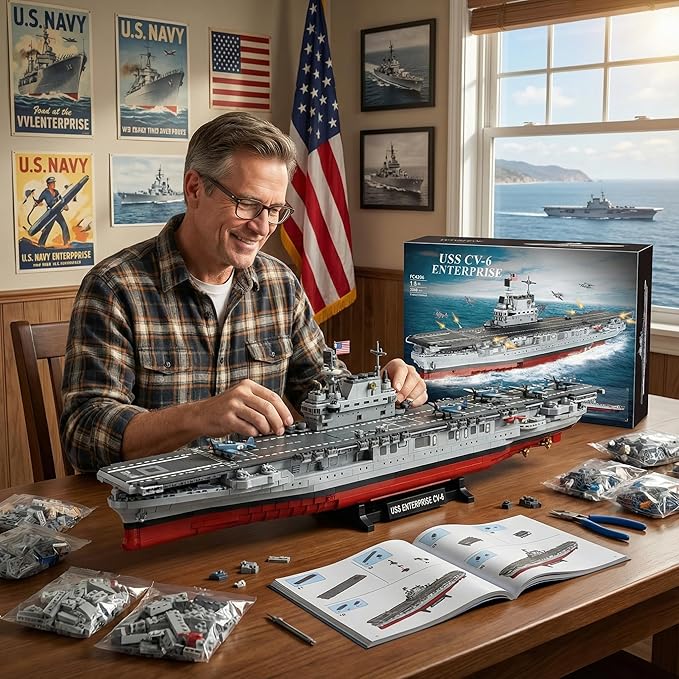 USS CV-6 Enterprise Battleship Building ToysMilitary Series Ship MOC World War II Battleship Toy Gift Ship Building Block Set for Adult Collection(1883 Pieces)
