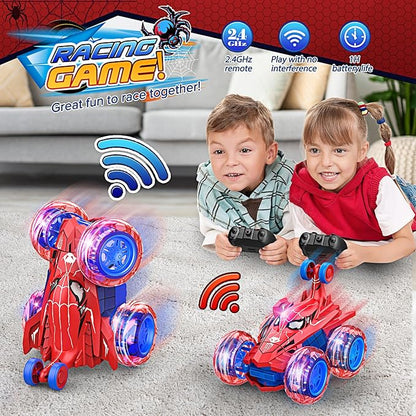 Remote Control Car RC Cars ToysCool Rechargeable Stunt RC Car with 360 Flips 4WD Wheel With Bright lightFun Outdoor Toys Gifts for Kids Birthday or Chritmas 4-6 6-8 8-12 Years Old (Blue-Red)