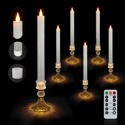 MISSTIME Flameless Taper Candles with Illuminated Glass Candle Holder, Remote Timer 2AA Battery Operated for Thanksgiving/Xmas Decor, Wedding Centerpiece (Crystallized-Brilliant, 6 Pack)