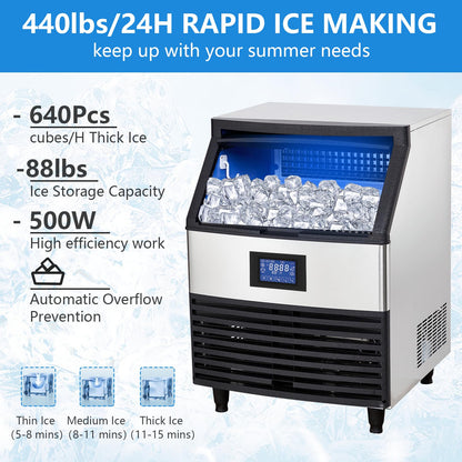 Commercial Ice Maker Machine, 440 LB/24H, 160 Cubes in 5-15 Min, 88 LB Storage Bin, Under Counter Stainless Steel Ice Making Machine for Home Bar Restaurants