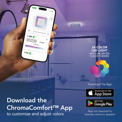 Broan-NuTone ChromaComfort Bathroom Exhaust Fan with Bluetooth Speaker, Powerful 110CFM/1.5 Sones, 24-color LED Light, SPK110RGBL, Wall Switch