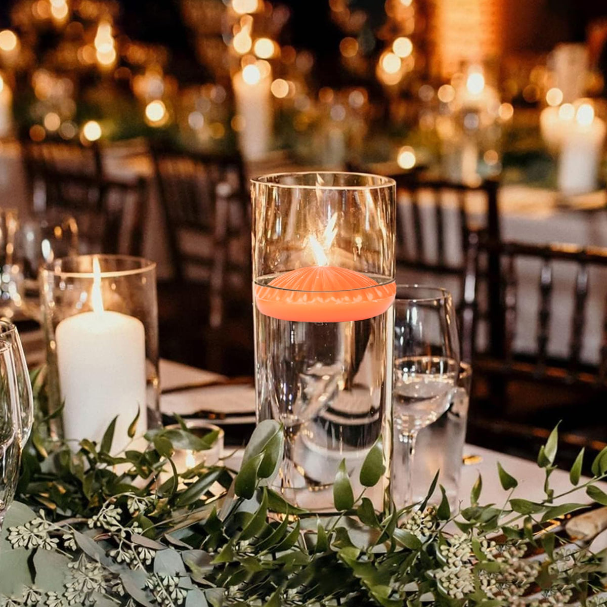 LPUSA 10 Hour Orange Floating Candles Large 3"，Unscented Romantic Tealight Ribbed Candles for Cylinder Vases，Centerpieces at Wedding, Party, Pool, Holidays, Set of 12