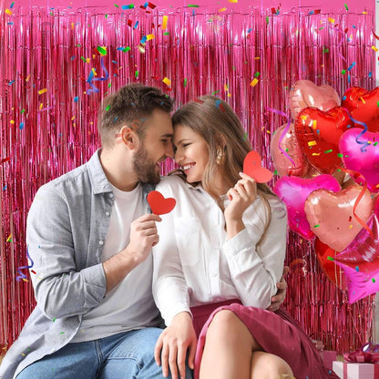 Valentines Day Party Decorations - 3 Pack of 3.2x8.2ft Hot Pink Foil Fringe Curtains Streamers Backdrop for Birthday Bachelorette Party Valentines Backdrop Decorations