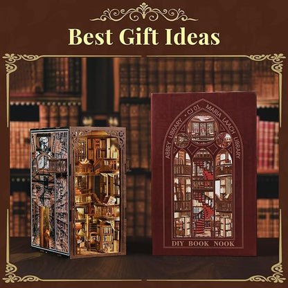 DIY Book Nook Kit - 3D Miniature Wooden Scene with LED Lights Dustcover &amp Tools for Shelf Decor (Abbey Library)