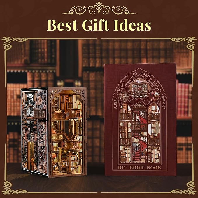 Book Nook Library Kit DIY Miniature Dollhouse Booknook Kit 3D Wooden Puzzle Bookend Bookshelf with LED Light for Adults Teens (Abbey Library)