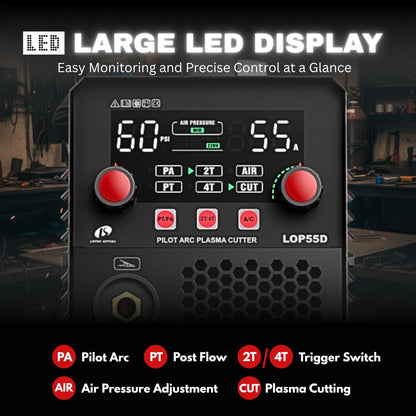 LOTOS LOP55D 55A Plasma Cutter, 1/2" Clean Cut (3/4" Sever), Non-Touch Pilot Arc, Dual-Voltage 110/220V, LED Panel, Portable Air Plasma Cutting Machine for DIY, Auto, Farm, HVAC
