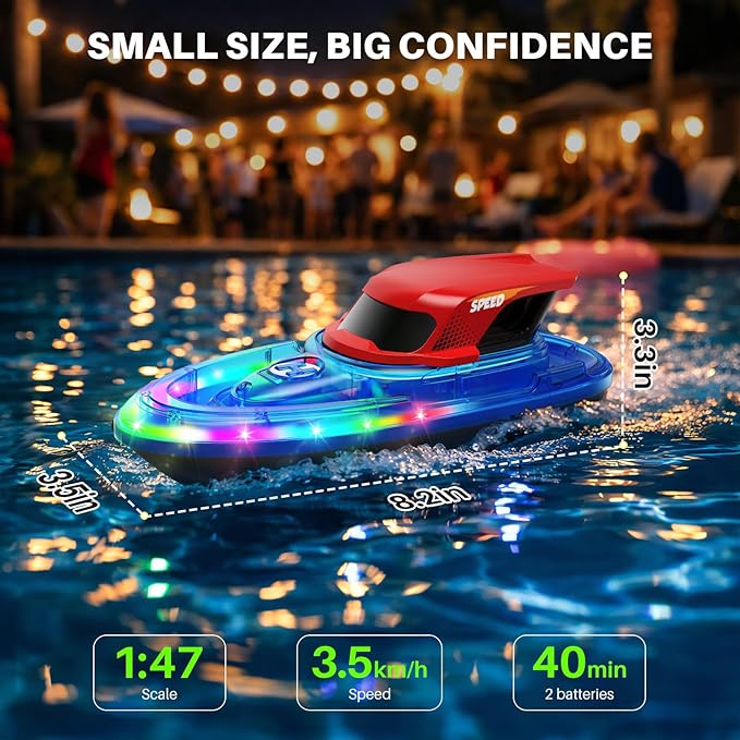 SYMA 2 Pack RC Boats for Kids Remote Control Boats for Pool 7-Mode LED Light Up &amp Water Spray Up to 40 Min Total (2 Batteries) 2.4GHz 164 ft Range Gift for Boys &amp Girls