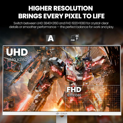CRUA 27'' 4K Gaming Monitor, UHD 160Hz / FHD 320Hz Dual Mode IPS White Computer Monitors, Rotating/Pivot & Height-Adjustable, AMD FreeSync, Built-in Speakers, PIP/PBP, HDMI 2.1 & DP 1.4