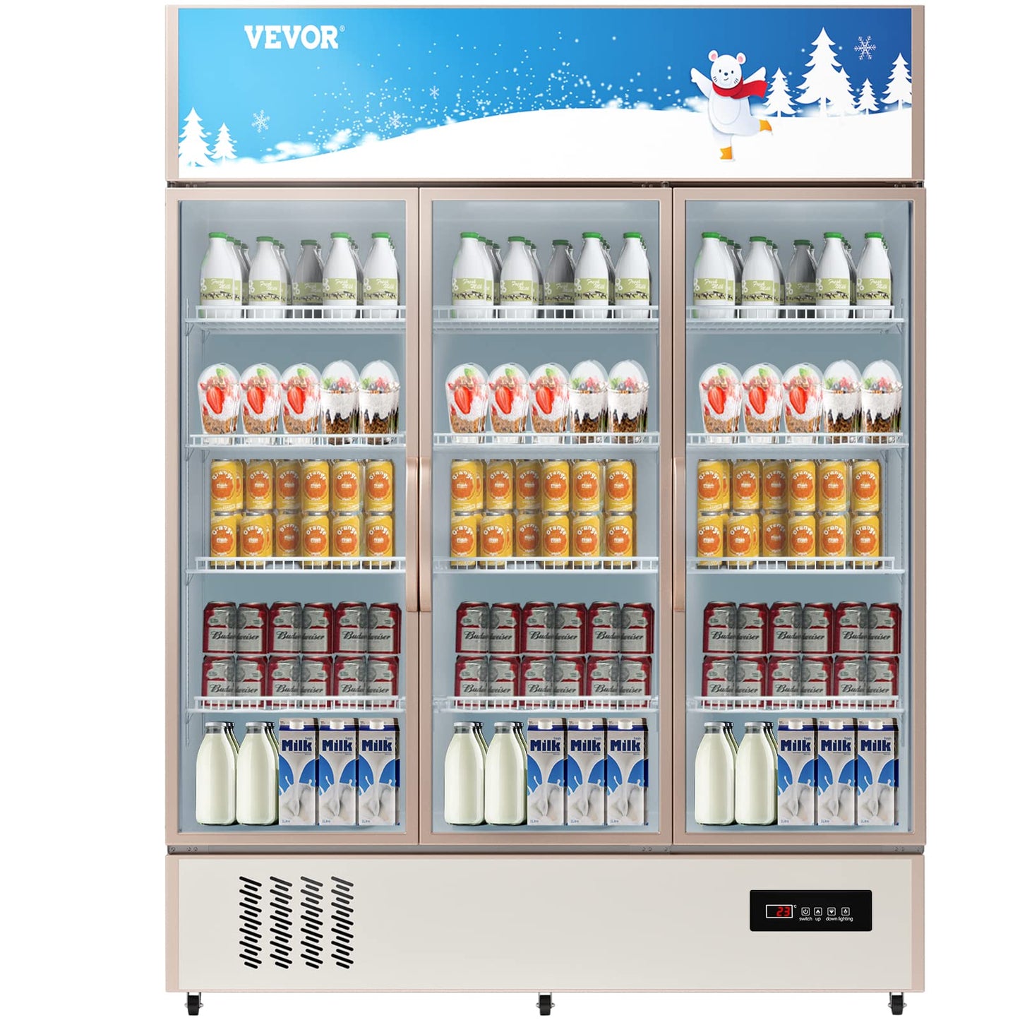 VEVOR Commercial Merchandiser Refrigerator Triple Glass Doors, Cubic Ft, Upright Display Beverage Cooler 79" Tall x 60" Width, Fridge with LED Lighting for Drink Wine Soda, Gold, 35 cu.ft