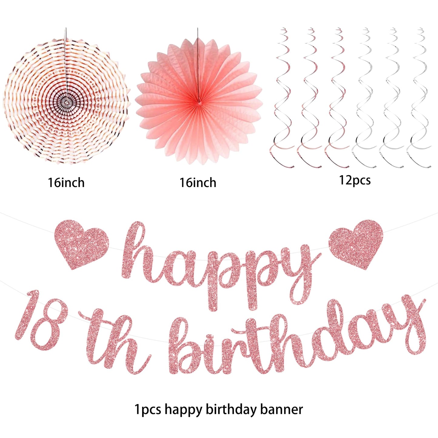 Vlipoeasn Pink White Rose Gold 18th Birthday Decorations, 18th Birthday Paper Lanterns, Tissue Pom Poms Fan,Honeycomb Ball, Happy 18 Year Old Party Supplies for Girls