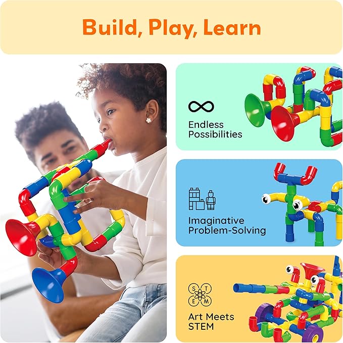 PicassoTiles PTT136 136pcs Tubular Pipes &amp Spout STEAM Interlocking Educational Building Block Set Tube Locks Pipeworks Construction Blocks w/Storage Container Box Idea Book Flute Musical Kit