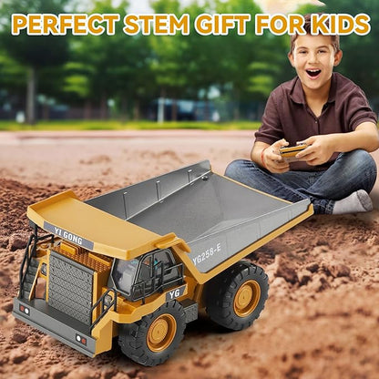 Remote Control Dump Truck RC Construction Vehicle for Kids with 9 Channel Metal Bed Light Sound &amp Rechargeable Battery Electric Transport Garbage Truck Toy for Toddlers Boys Girls Age 6+