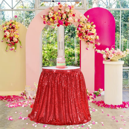 Table Skirt 14ft Red Christmas Table Skirt for Rectangle Square Round Table Sequin Tablecloth for Party Wedding Birthday Decorations