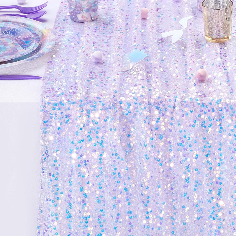Sequin Iridescent Table Runner 25x120 Inches Purple Table Runners Sparkly Lavender Fabric Mermaid Party Decorations