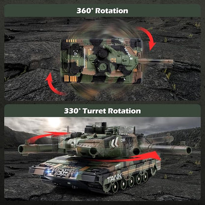 1:24 RC Tank-2.4G Remote Control Army Tank That Shoot BBS with 360° Rotating Turret Auto Demo Sound Light and Smoke All-Terrain Climbing RC Military Vehicle Toy Gift for Boys Ages 6-12