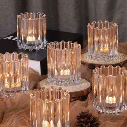 HAVITI Glass Clear Votive Candle Holder, Ribbed Votive Candle Holders Set of 12, Tealight Candle Holder for Wedding Centerpieces Dinner Party Table Decor