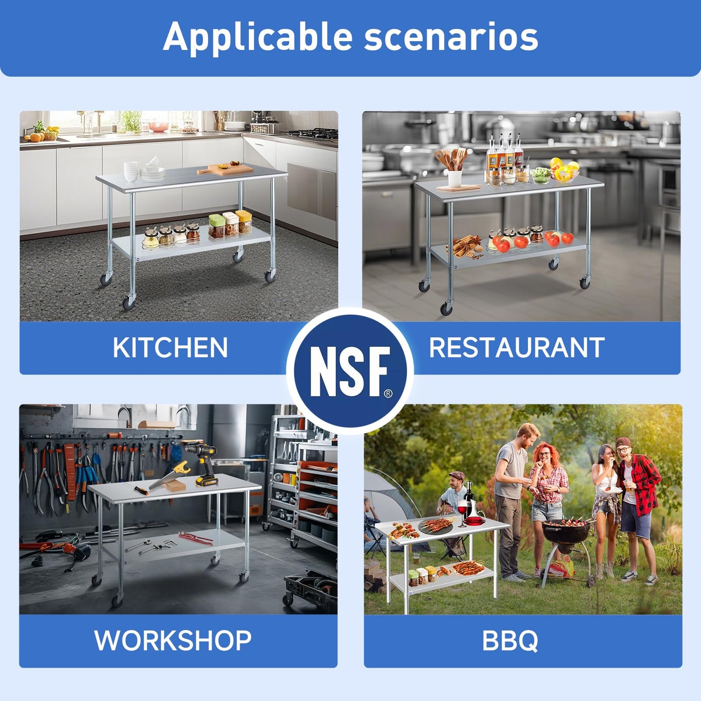 ROCKPOINT Stainless Steel Table for Prep & Work with Backsplash 24x60 Inches, NSF Metal Commercial Kitchen Heavy Duty Table with Adjustable Under Shelf and Table Foot for Restaurant, Home and Hotel