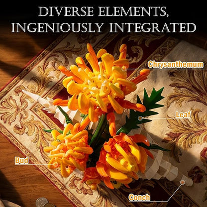 Chrysanthemum Building Set MOC Chrysanthemum Botanicals &amp Conch Model Kit for Home Office Decor Artificial Flower Gift Toy for Adults Woman 14+ (585PCS)