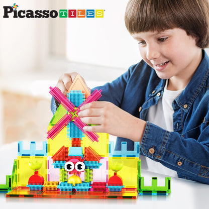 PicassoTiles Magnetic Tiles & Hedgehog 2-in1 Interlocking Brush Connector Magnet Building Blocks Construction Set Learning Playset STEM Toys Development Preschool Education Toy Toddler Age 3 Up PTE21