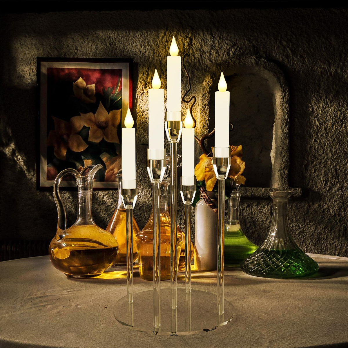 Candelabra Centerpieces for Tables 5 Arm Clear Candle Holder Fit 0.87" LED Pillar Taper Candlestick with Round Base for Christmas New Year Decoration (5 Arm Candelabra)