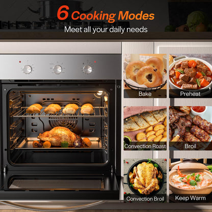 Empava Built-In Electric Single Wall Oven 24 inch with Convection and Rotisserie 6 Cooking Modes, Knob Control, Stainless Steel