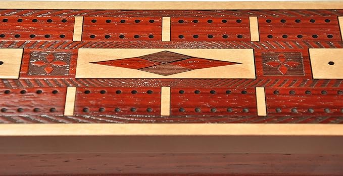 PALM ROYAL HANDICRAFTS - 2 Track Wooden Cribbage Board Set Inlaid in Blood Wood/Maple Wood Storage Available for Pegs and Cards