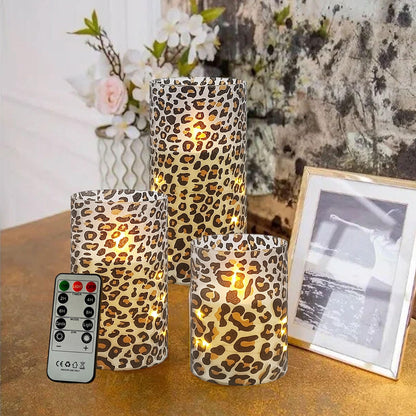 Flickering Flameless Candles Leopard Print Embedded Star String Lights, Battery Operated Acrylic LED Pillar Candles with 11-Key Remote and Timer for Home Decoration, 3 Pack