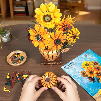 Sunflower Building Set with Lights Vase Base Flowers Botanical Collection Building Block Valentine's Day 1180PCS Art Bouquet Bonsai Plant Building Kit Gift for Adults Teens Girls Boys 12+